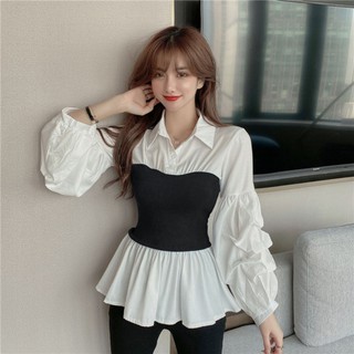 Áo Kiểu Nữ Sơ Mi Lụa Phối Len Ulzzang