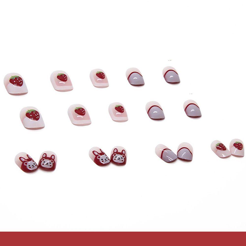 Bộ Móng Tay Giả Ngắn Họa Tiết Dâu Tây Thời Trang Có Thể Tháo Rời