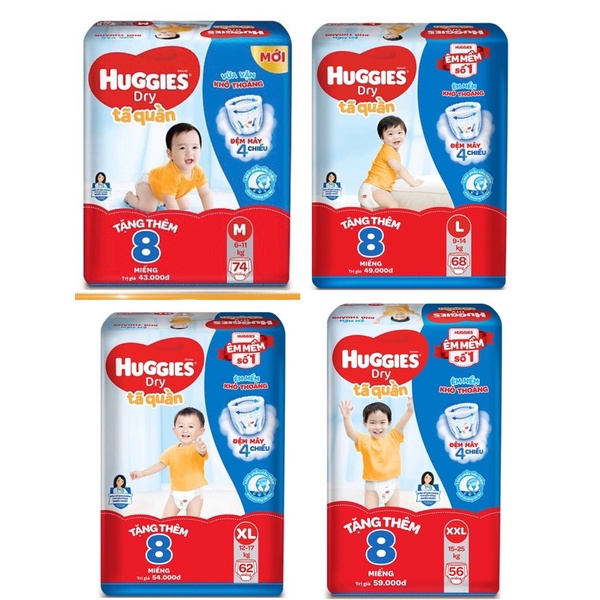 Bỉm Huggies tã quần size M 74, L 68, XL 62, XXL 56 miếng