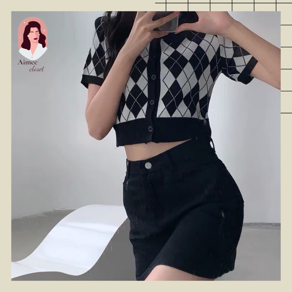 Áo croptop polo kẻ hình thoi Aimee closet (Ảnh thật)