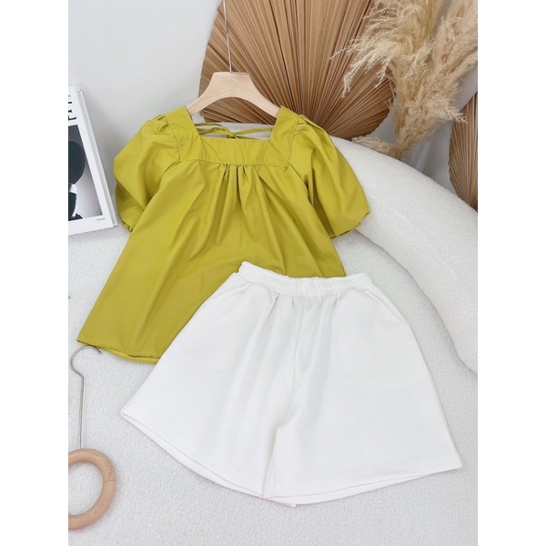 SÉT ÁO CỔ VUÔNG XANH BƠ TAY BỒNG KÈM QUẦN TRẮNG KTGIMI ( Kèm ảnh thật)