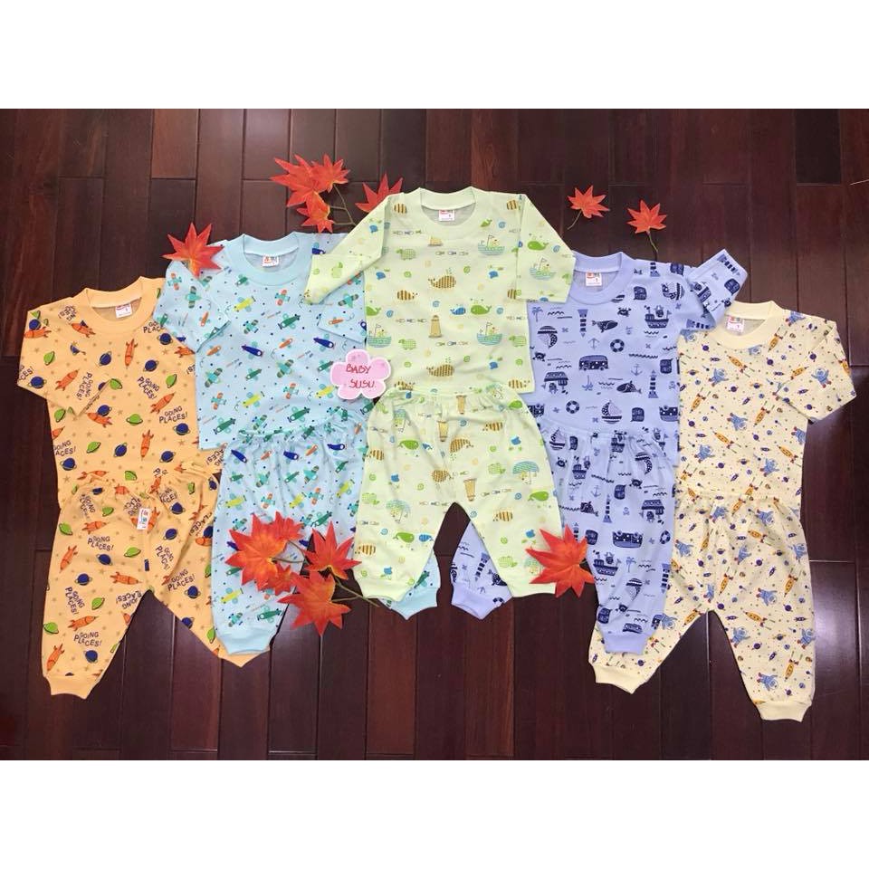 Combo 5 bộ quần áo sơ sinh, quần áo trẻ em cotton tay dài in họa tiết Baby Susu