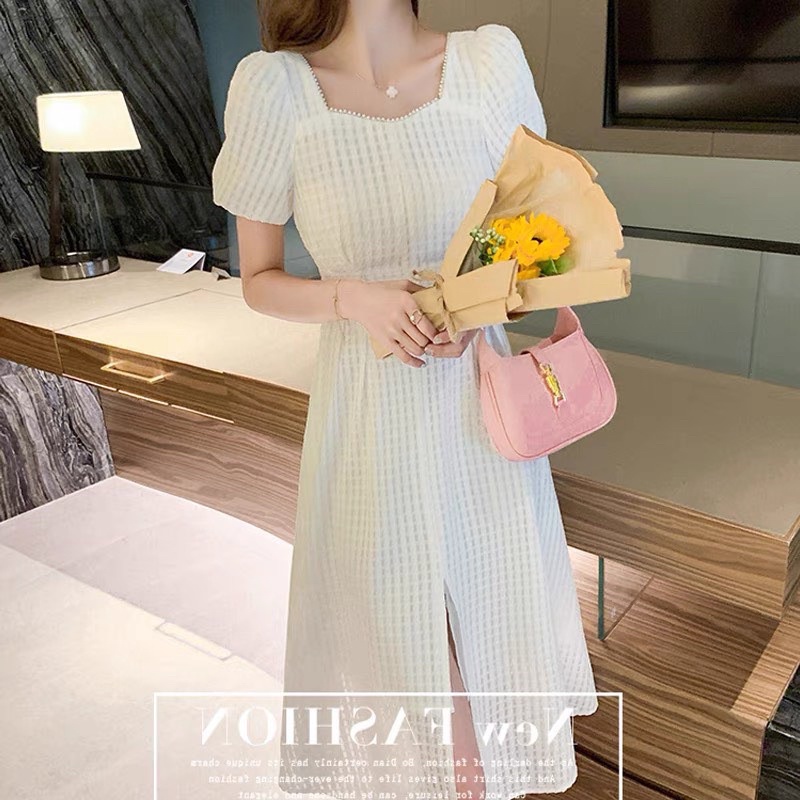 ĐẦM TRẮNG Ô NHÍ TAY BO CỔ VIỀN HẠT XẺ TÀ