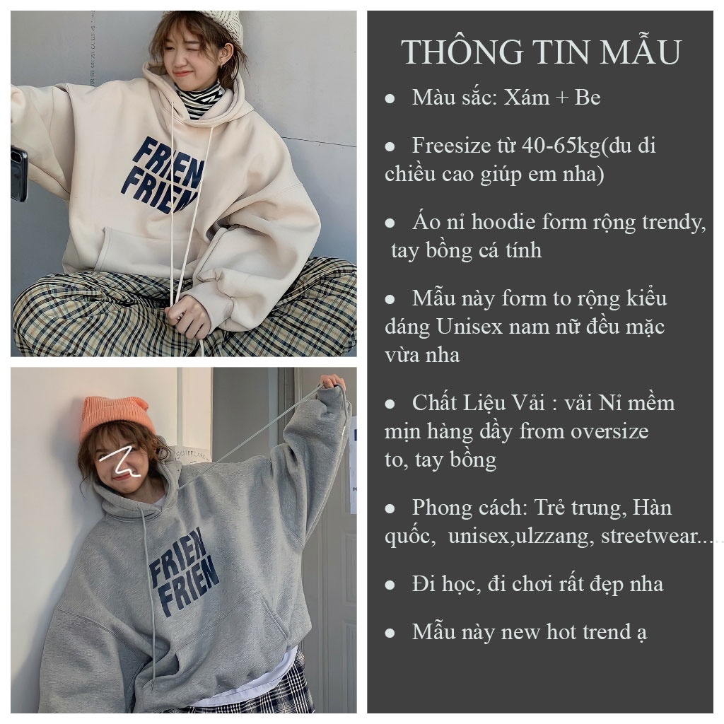 Áo khoác Hoodie tay bồng có mũ Áo khoác nỉ FRIEN form rộng Unisex - CUTE_ZOO | BigBuy360 - bigbuy360.vn
