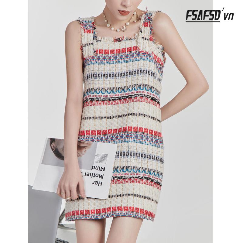 Đầm Dệt Kim Hai Dây Họa Tiết Kẻ Sọc Thời Trang Mùa Hè Retro Dành Cho Nữ