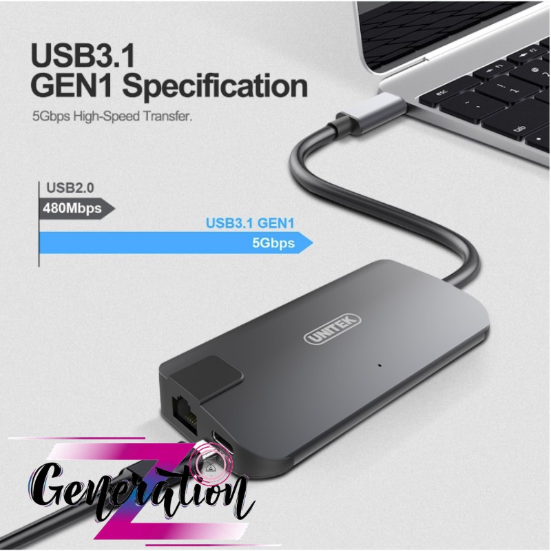 CÁP CHUYỂN TYPE-C RA USB 3.0 + HDMI + VGA + LAN UNITEK Y-DK 09016GY