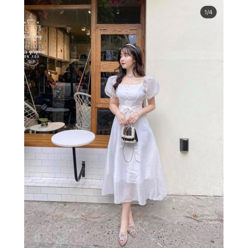 Đầm midi tơ xốp thắt nơ eo đính hột