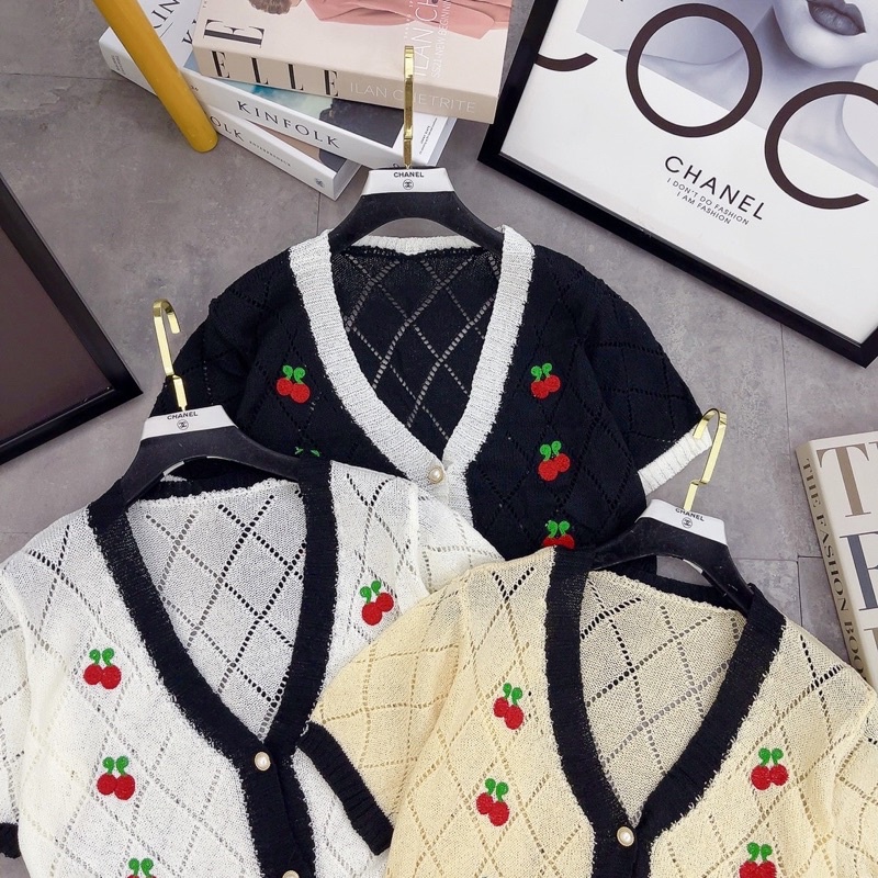 Áo len croptop cardigan cộc tay thêu quả cherry phong cách ngọt ngào