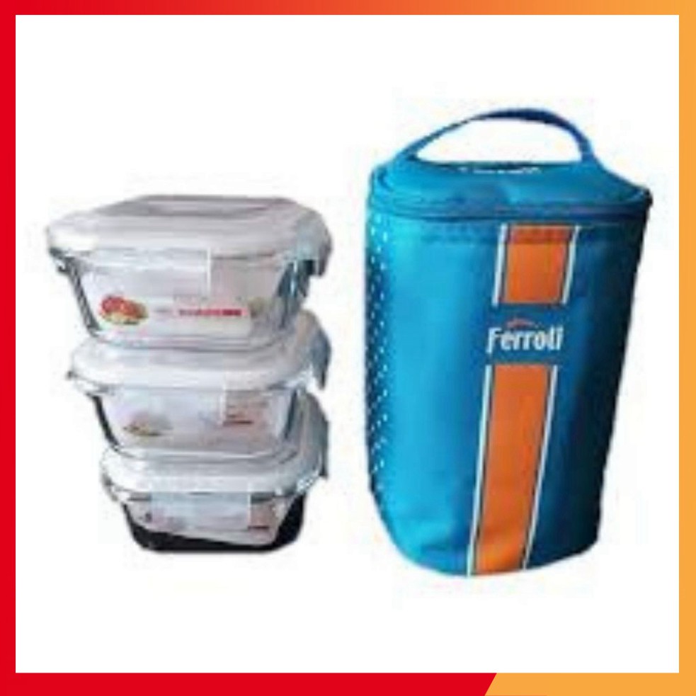 Bộ hộp thủy tinh kem túi giữ nhiệt Ferroli, bộ 3 hộp thủy tinh dung tích 500ml