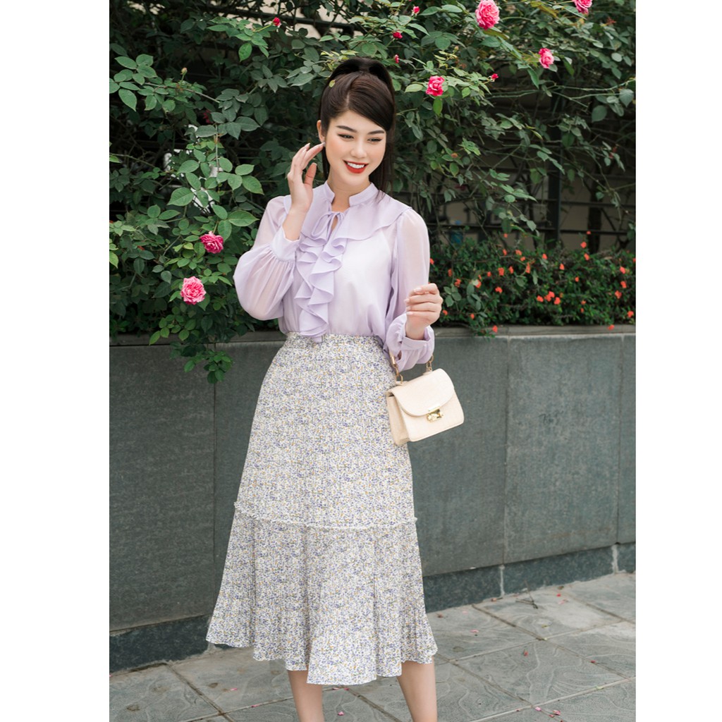 Chân váy hoa dập ly đuôi cao cấp