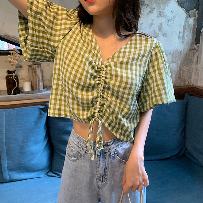 Áo dây rút cổ v kẻ cho nữ Yoomeclothing [ ẢNH THẬT SHOP CHỤP]