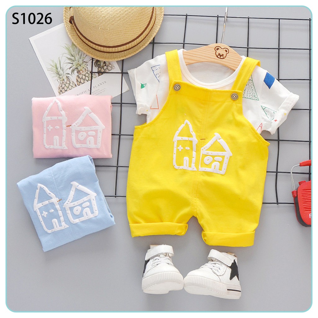 Set Yếm Bé Gái In Họa Tiết Ngôi Nhà Kèm Áo Thun Cotton Cho Bé Size 0 - 4 Tuổi MINTSCLOSET Mint's Closet - S1026