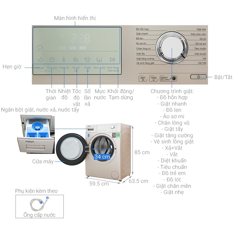 Máy giặt Aqua Inverter 10.5 kg AQD-D1050E N (Miễn phí giao tại HCM-ngoài tỉnh liên hệ shop)