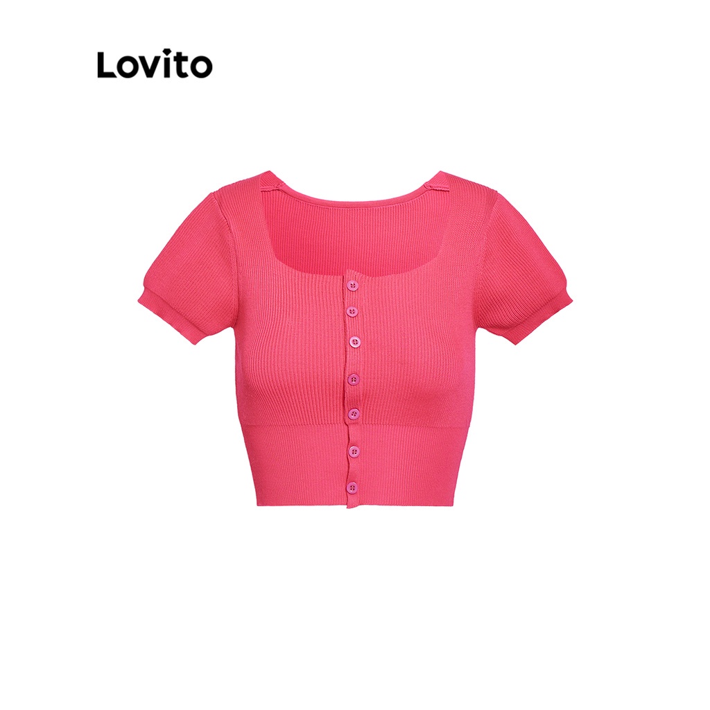 Lovito Dễ thương cổ vuông trơn cơ bản Phụ nữ dệt kim hàng đầu L33AD125 (Hot Pink / Black)