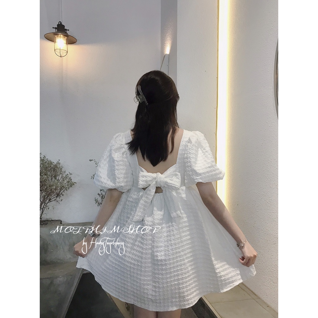 ĐẦM BABYDOLL GẤM XỐP CỔ VUÔNG THẮT NƠ LƯNG - CÓ MÚT NGỰC