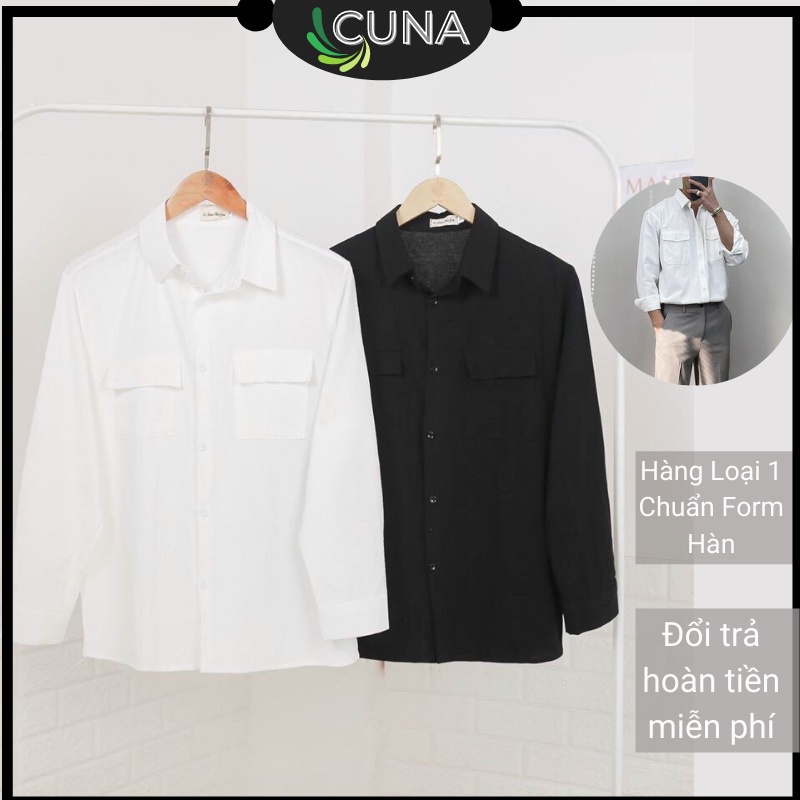 ✖❧Áo Sơ Mi Nam CUNA Somi Kiểu Tay Dài Hàn Quốc Công Sở 2 Túi Trước Vải Đũi Cao Cấp Màu Trắng Đen Form Rộng Loại 1