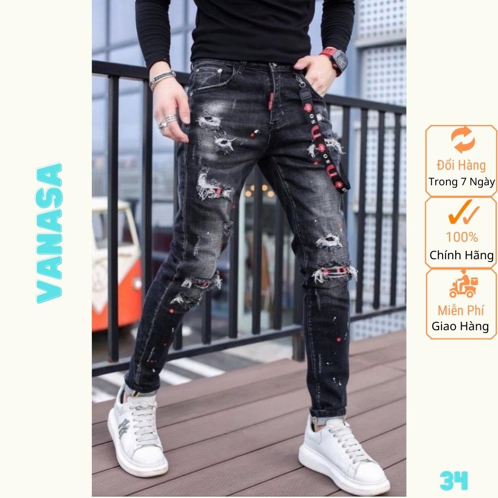 Quần jean nam đen rách chất bò cao cấp co dãn 4 chiều đẹp from dáng rin skinny Vanasa JM34