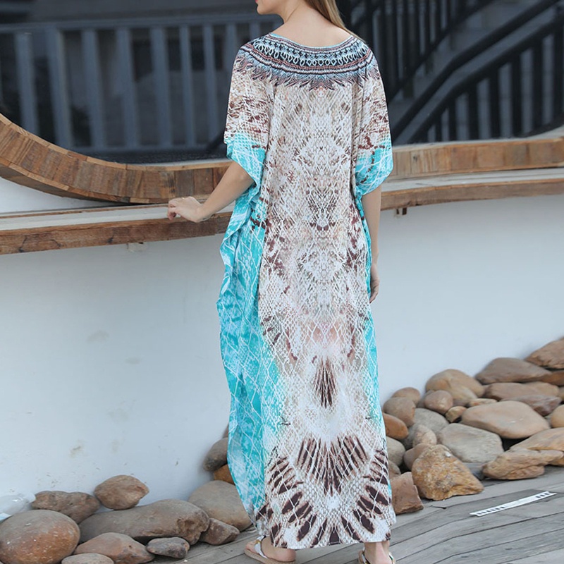 Đầm Maxi Tay Lửng In Họa Tiết Lông Vũ Nhiều Màu Sắc Phong Cách Bohemian Thời Trang Mùa Hè Cho Nữ