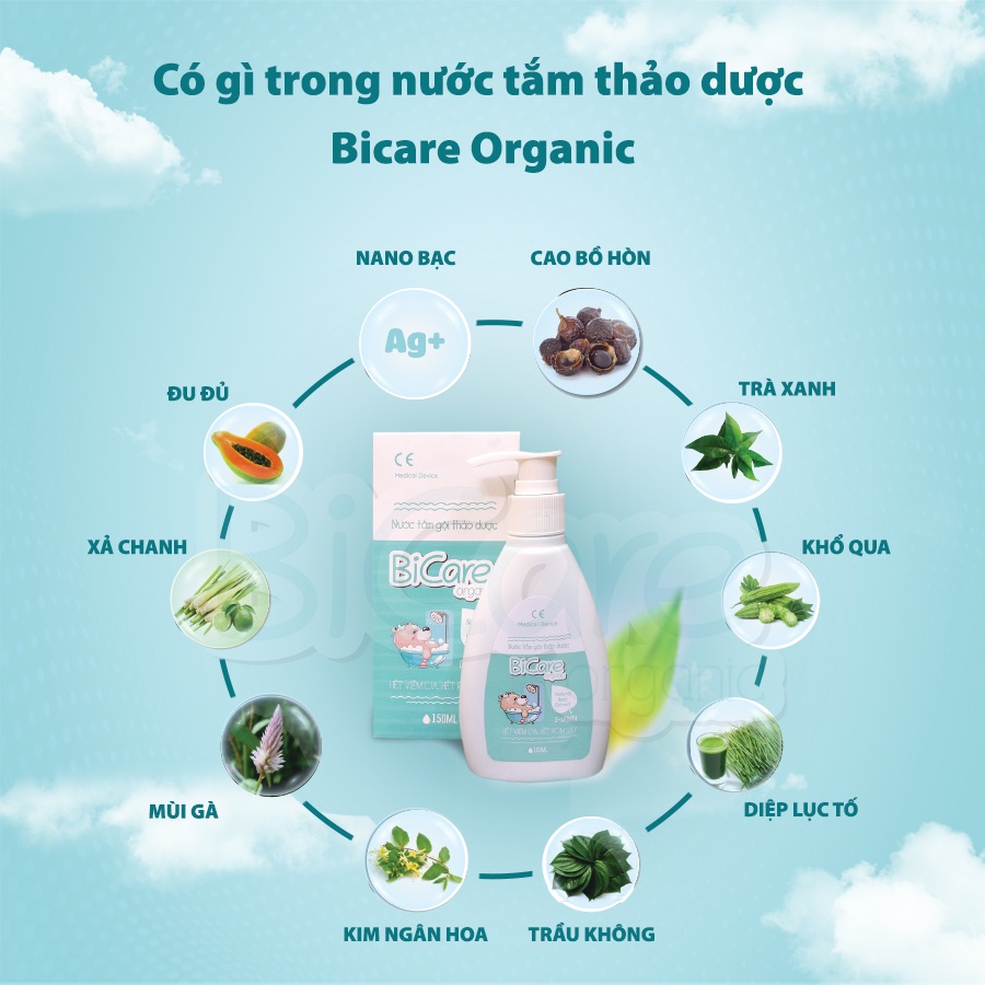 DẦU GỘI ĐẦU cho bé, NƯỚC TẮM THẢO DƯỢC BICARE ORGANIC cho trẻ sơ sinh, ngăn ngừa rôm sảy và bảo vệ da