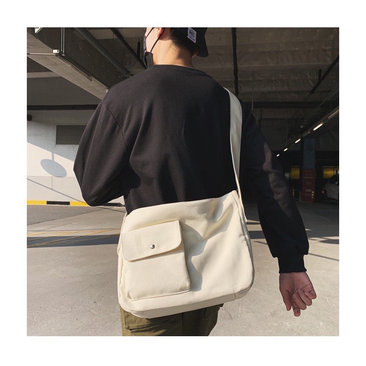 Túi Tote Đeo Chéo, Đeo Vai Vải Canvas, Phong Cách Hàn Quốc, Có Túi Hộp, Có Khóa Kéo