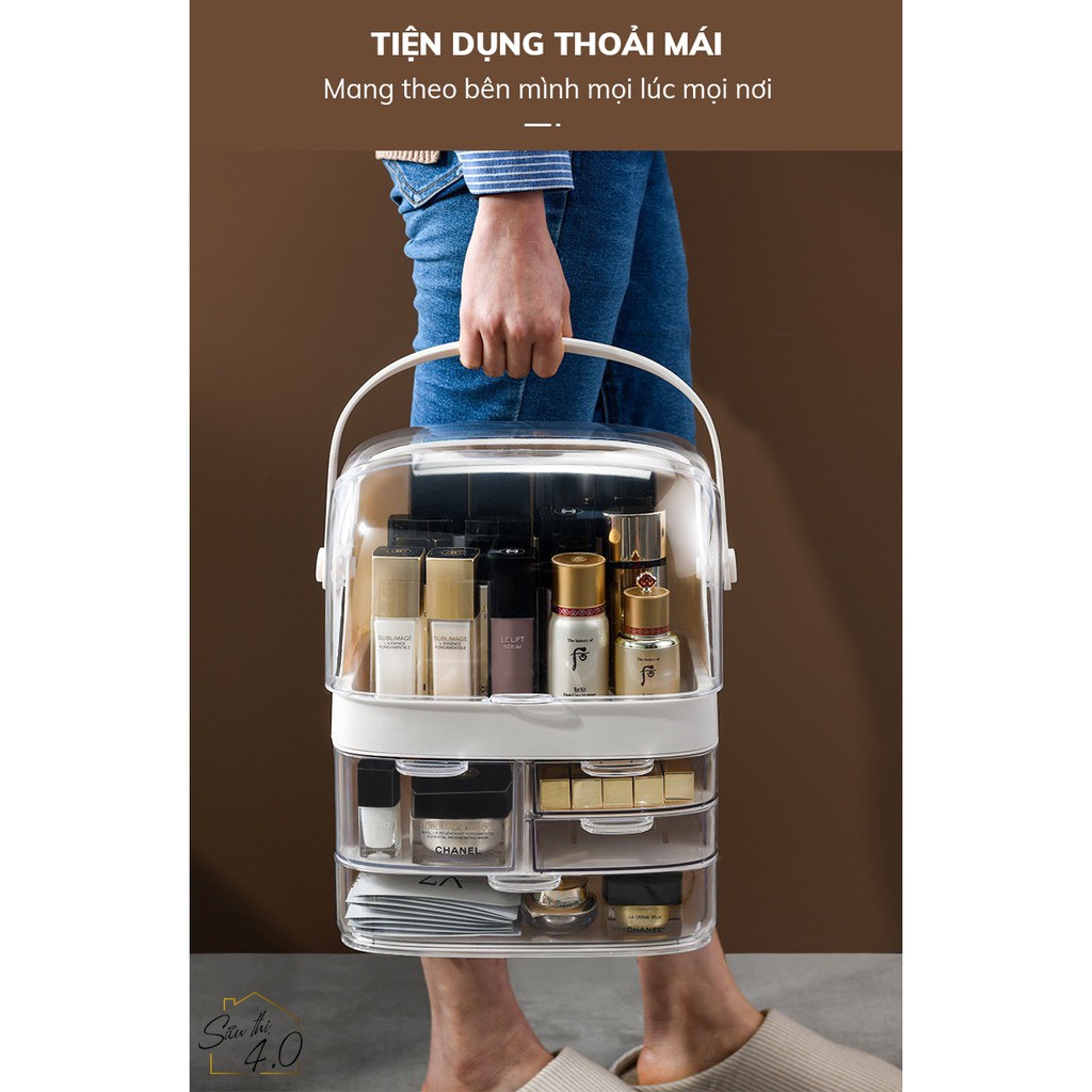 Tủ đựng đồ trang điểm mini 2 tầng phân ngăn có nắp đậy, hộp đựng mỹ phẩm chống bụi sang trọng