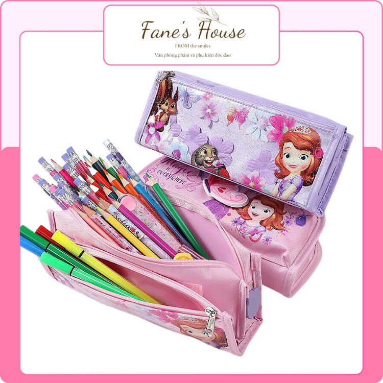 Hộp bút vải cute nhiều ngăn loại to, túi đựng bút vải canvas cỡ lớn hình công chúa, Mickey cho bé mã Fane2035