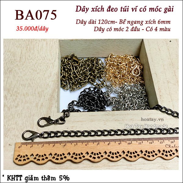 Dây xích 6mm dài 120cm có móc gài BA075- Dây đeo thay thế cho túi ví