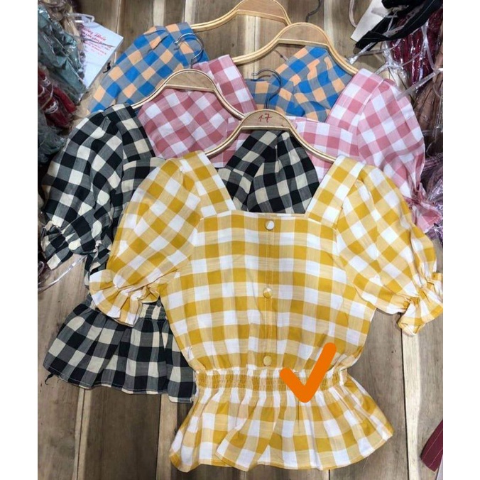 Áo Sơ Mi Kẻ Caro Bo Chun Eo - Cổ Vuông Chất Liệu Mềm Mát V180