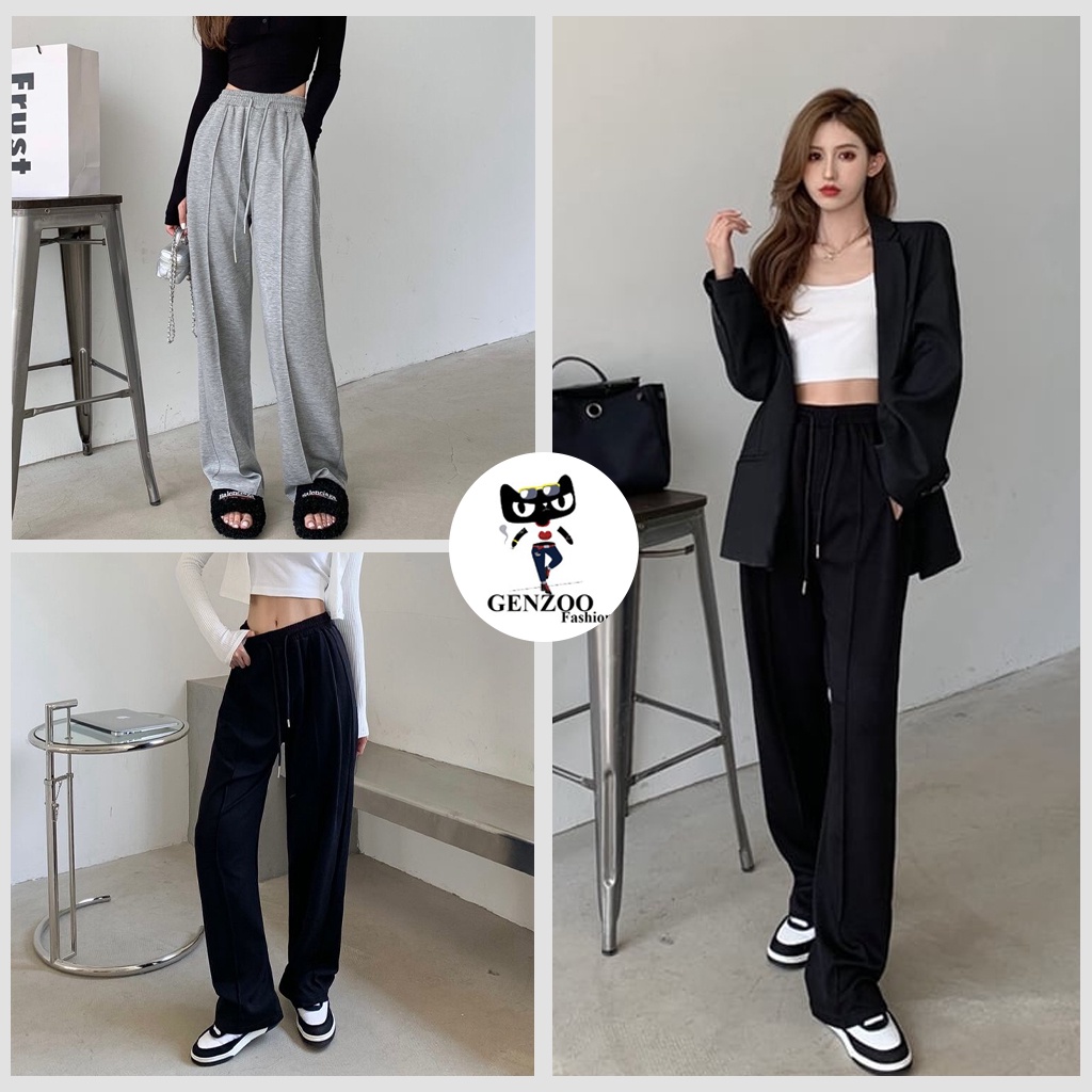 Quần nữ thun trơn dập ly GENZOO ống rộng lưng cao chất bo tăm form rộng Ulzzang