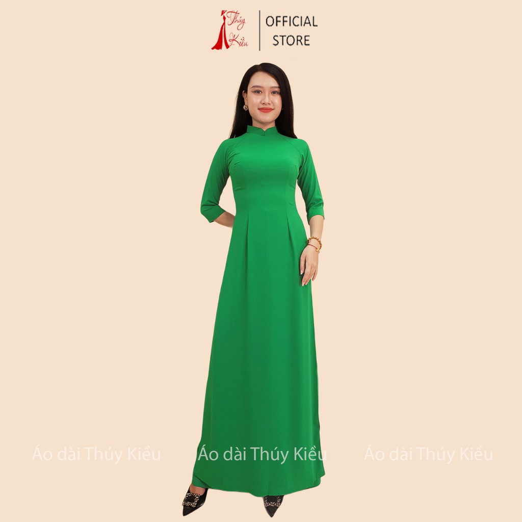 Áo dài trơn lụa Nhật cổ 2 phân màu xanh lá  AK18