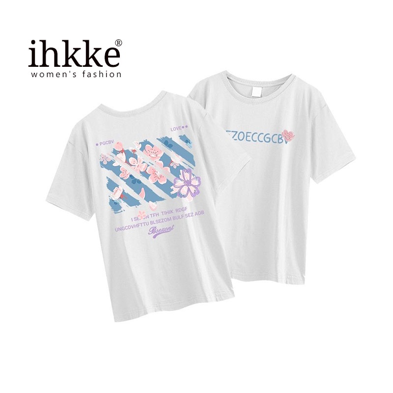 Áo thun cotton mỏng IHKKE tay ngắn dáng rộng màu đen phong cách retro mùa hè