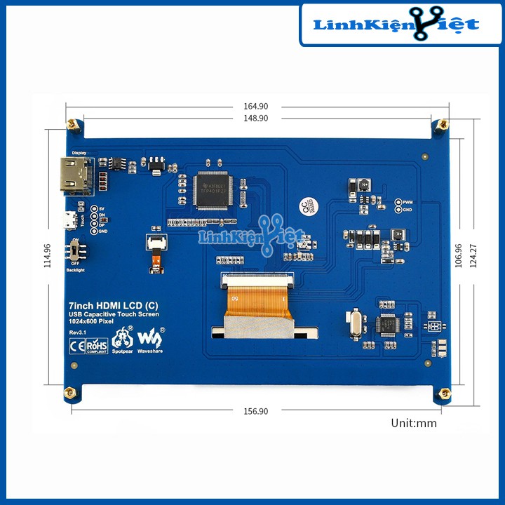 Màn Hình Raspberry 7Inch HD 800x480 Cảm Ứng (Tặng Cáp HDMI, Cáp USB, Đĩa Hướng Dẫn )