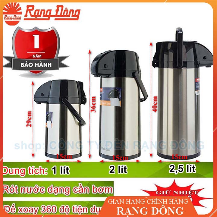 [GIAO HÀNG HOẢ TỐC]Phích Nước Rạng Đông 1 Lít, 2 Lít, 2,5 Lít Inox, Rót Nước Dạng Cần Bơm, Đế Xoay 360 Độ