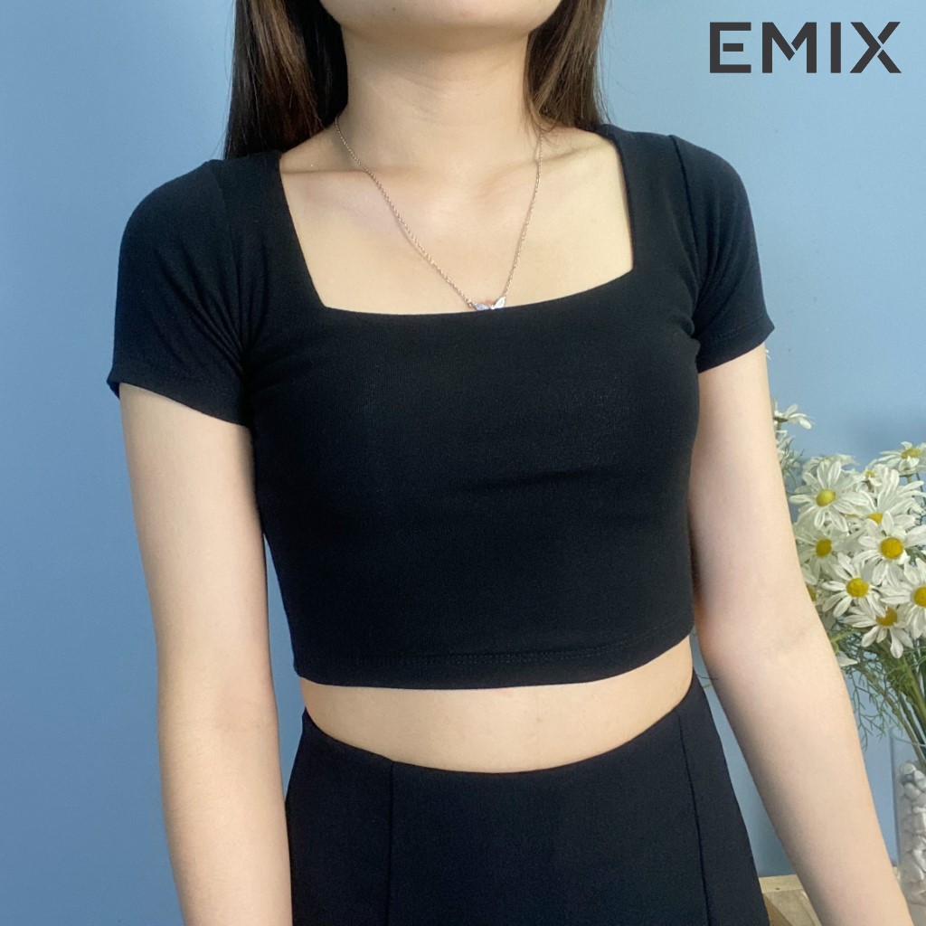 Áo thun nữ croptop cổ vuông EMIX (2 màu), cộc tay, dài 36cm, chất díp siêu co giãn, vải đẹp không lộ Crop205/P2.K6