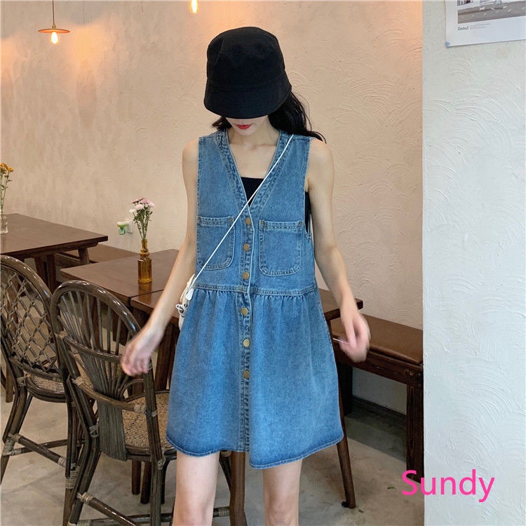 Đầm Denim Cổ Chữ V Thời Trang Mùa Hè Dành Cho Nữ