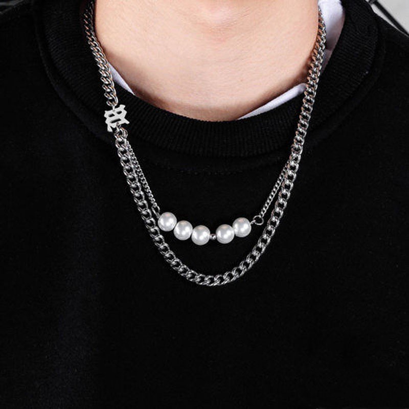 Dây Chuyền Cuba Bằng Thép Titan Đính Ngọc Trai 191120Dây Chuyền Sợi Xích Đôi Phong Cách Hip Hop Thời Trang Cá Tính