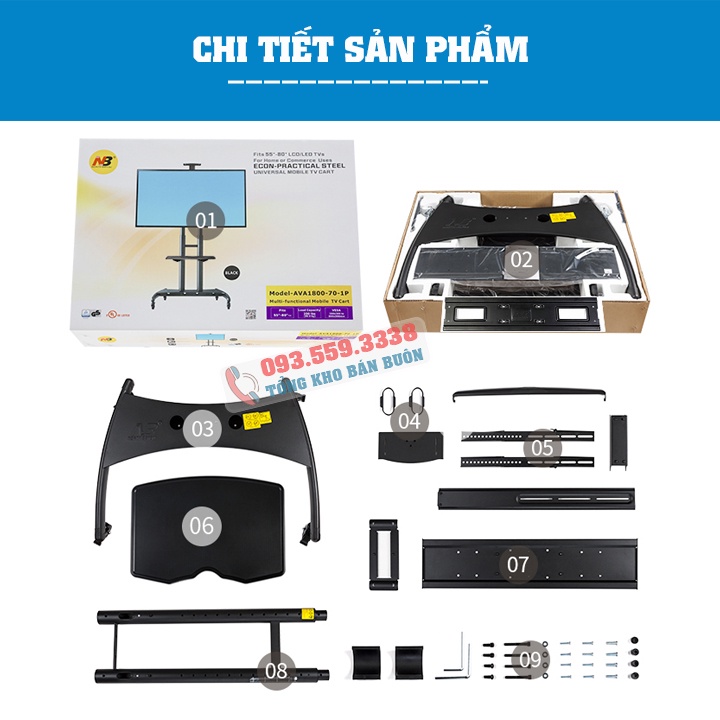 Giá Treo Tivi Di Động NB AVA1800 55 - 65 - 70 - 75 - 80 Inch - Kệ Giá Đỡ Tivi Có Bánh Xe Di Chuyển