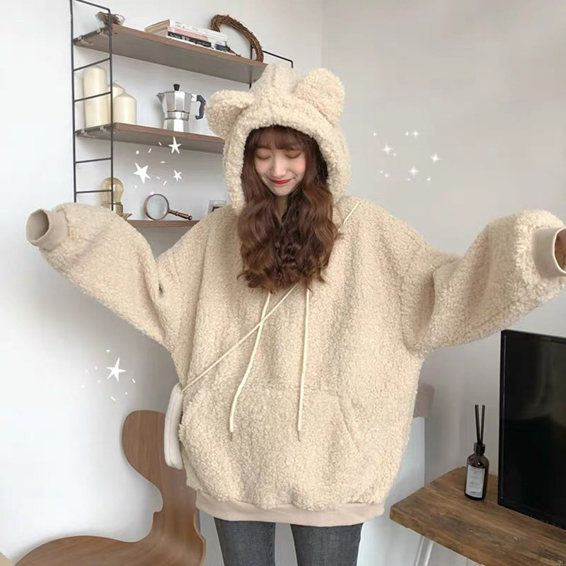 Áo Hoodie Nỉ Lông Ấm Áp Freesize Unisex So Cutie Tai Gấu