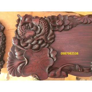 Khay trà gỗ gụ đục trạm lá sen và cá chép