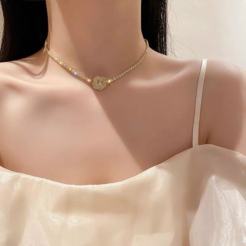Vòng cổ hoa hồng mặt cười bạc siêu đẹp dây full đá cz bạc chuẩn lung linh