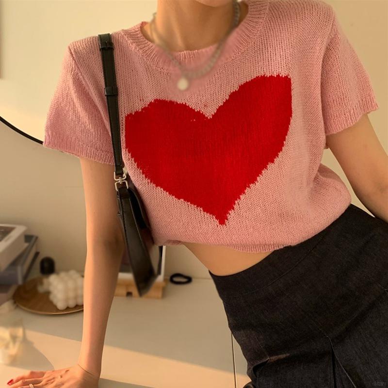 Áo Thun Dệt Kim Tay Ngắn Cổ Tròn In Hình Trái Tim Phong Cách Hàn Quốc Cho Nữ