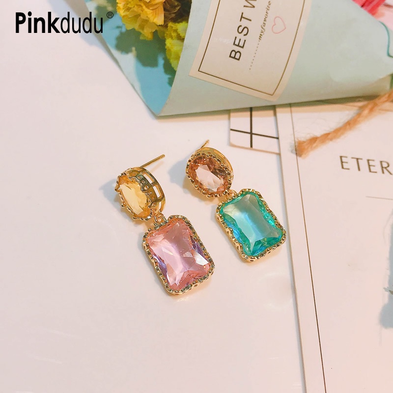 Khuyên tai Pinkdudu PD782 hợp kim kiểu hình học đính pha lê thời trang cho nữ