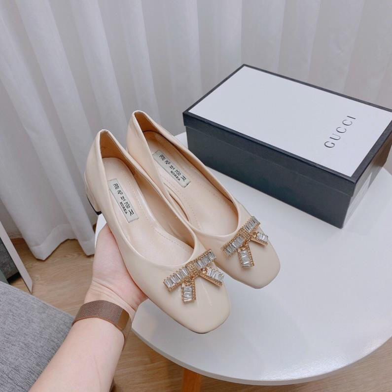 Giày công sở gắn nơ đá cực xinh, gót vuông 3cm "