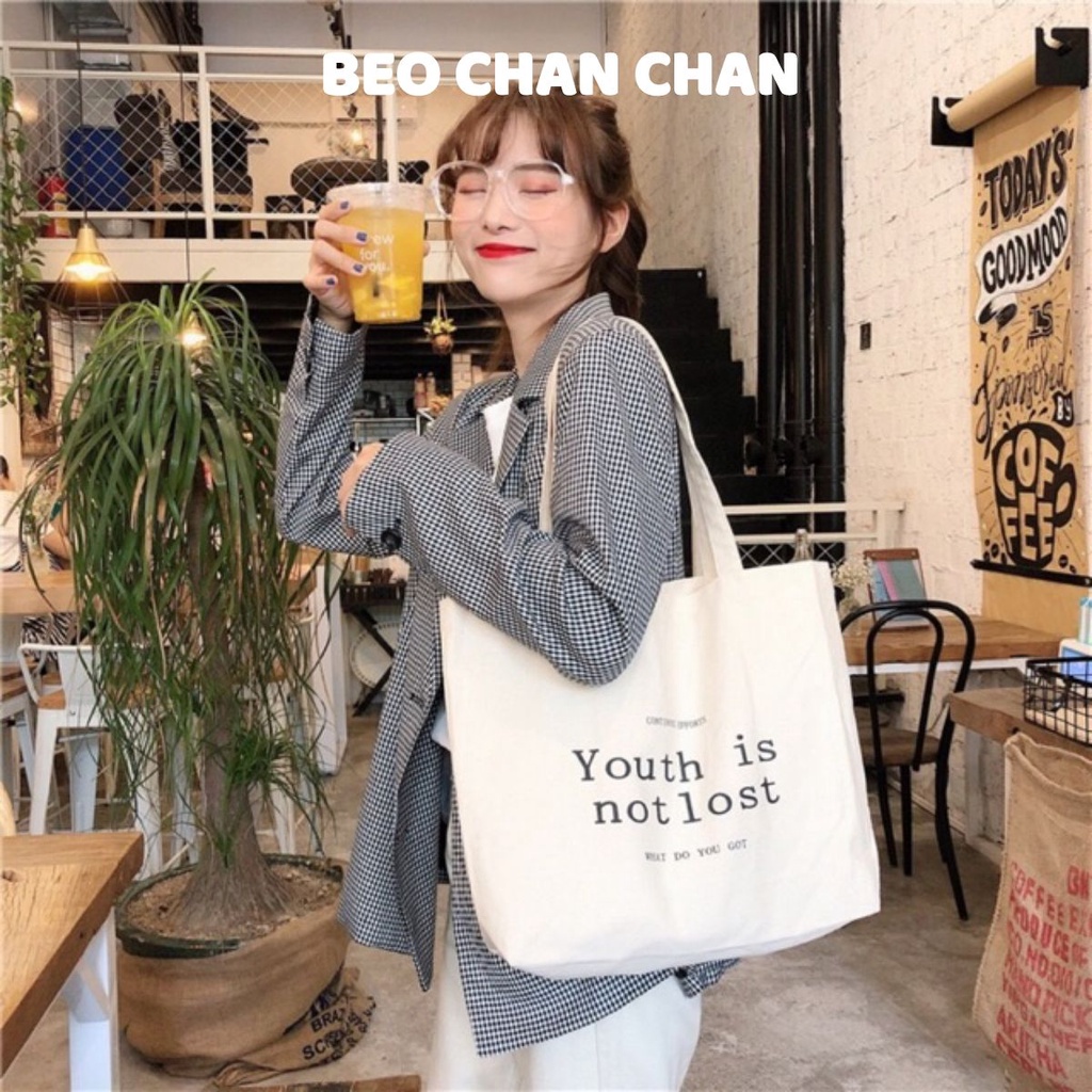 TÚI TOTE VẢI CANVAS STYLE HÀN QUỐC TONE TRẮNG NGÀY TÚI VINTAGE YOUTH IS NOT LOST