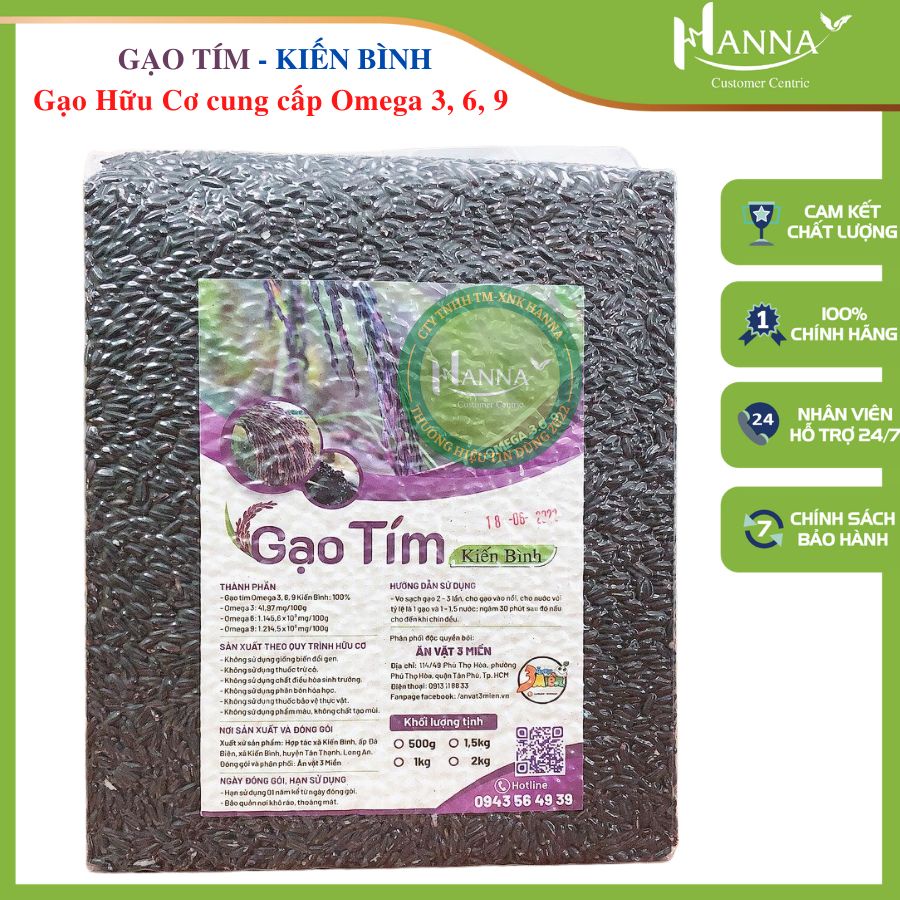 Gạo Tím hữu cơ Kiến Bình (2kg) hút chân không - Gạo sạch cung cấp omega 3-6-9, tốt cho người tiểu đường - Hanna Official