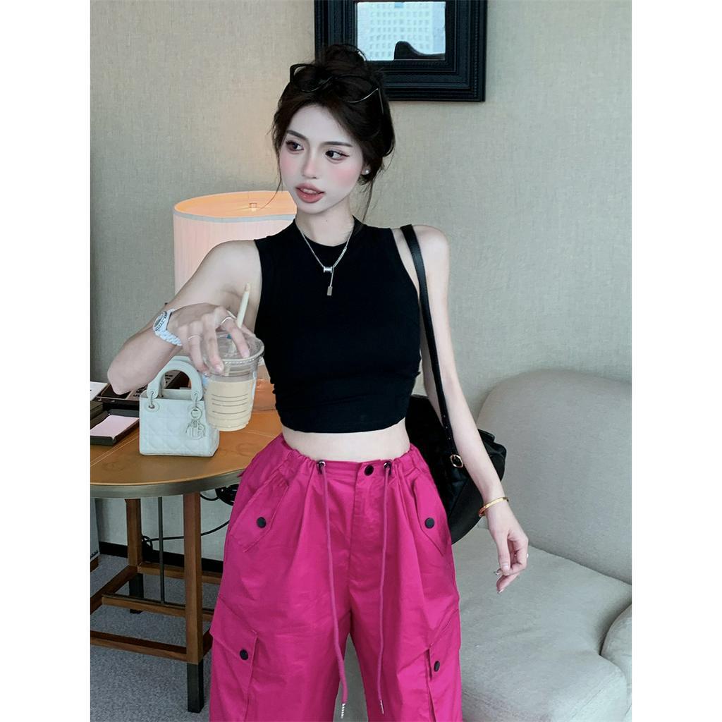 QADCOL Set Áo Thun Không Tay + Quần ống rộng Lưng Cao Thời Trang Mùa Hè Cho Nữ