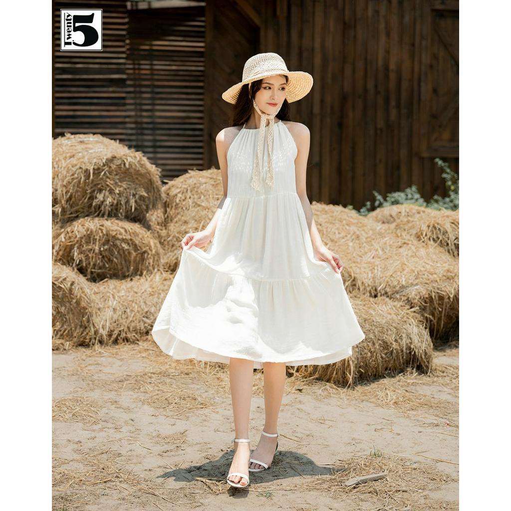 Đầm cổ yếm rút dây thắt nơ dáng xòe midi 3 tầng đũi xốp Twentyfive SD91