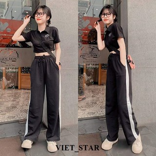 Set áo croptop tay ngắn và quần ống rộng thể thao 1 sọc - VIET_STAR