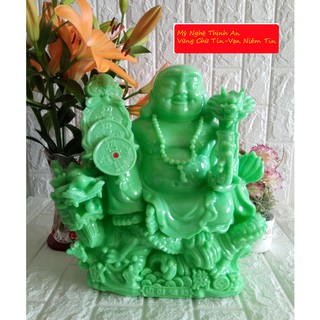 Tượng phật di lặc cưỡi rồng tiền tài,như ý bằng đá poly màu xanh ngọc DLRX37