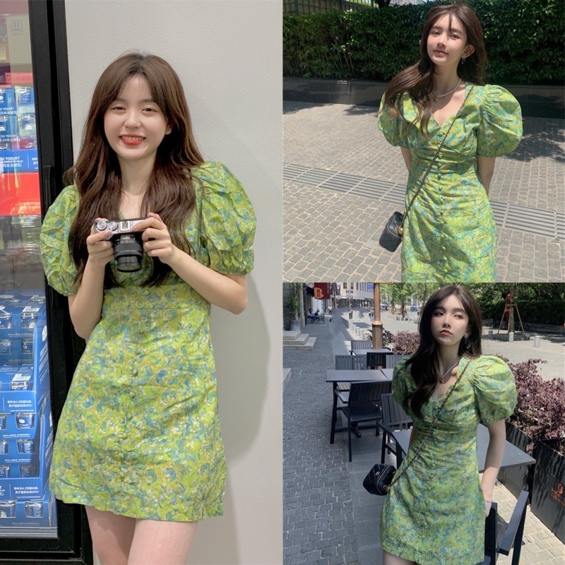 Váy Hoa Xanh Khuy Bọc Tay Phồng Siêu Xinh Có Ảnh Thật Kèm Video | BigBuy360 - bigbuy360.vn